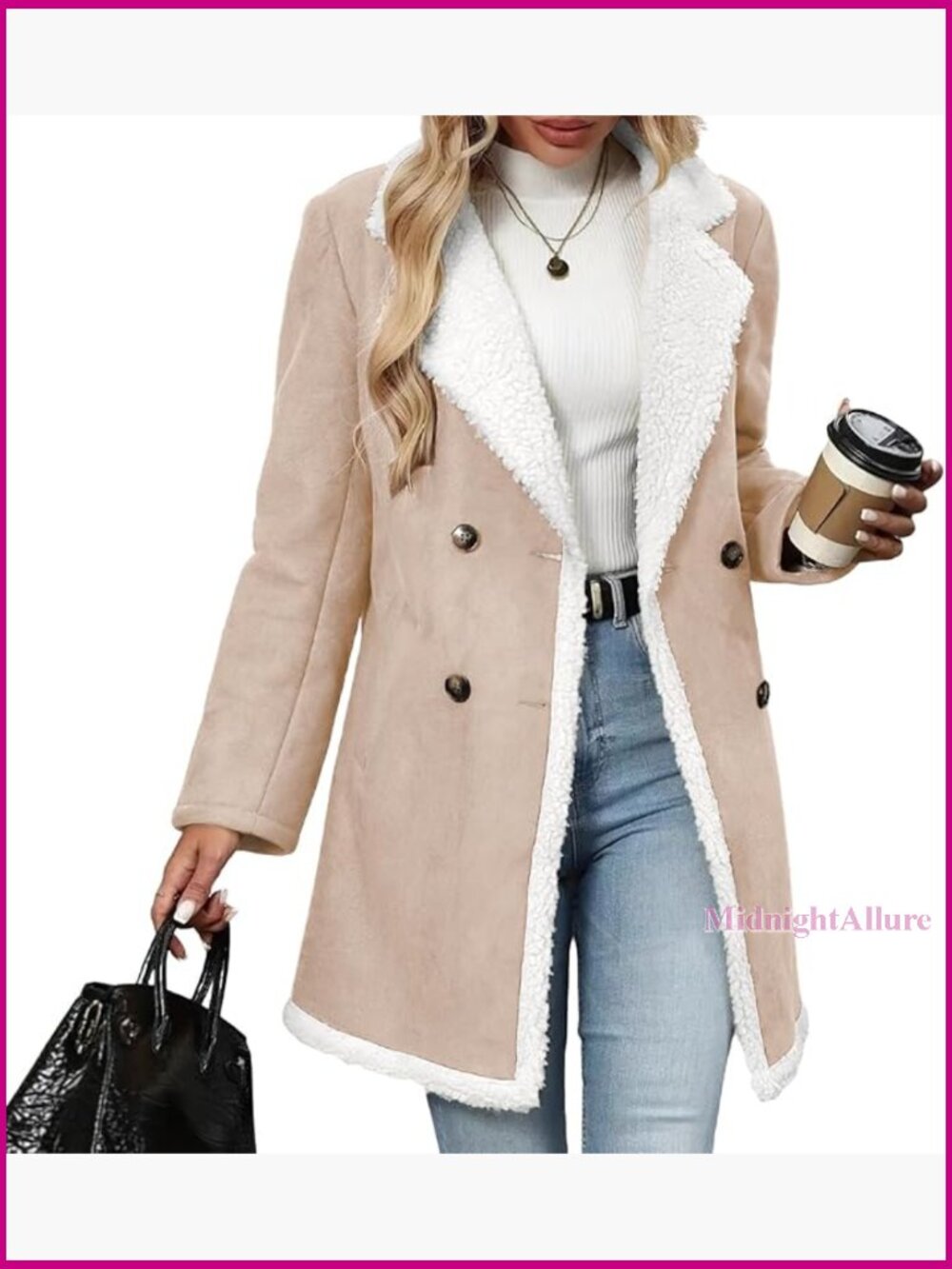 Winter Peacoat Sherpa Lined Faux Suede Jacket Double Breasted Notch Lapel